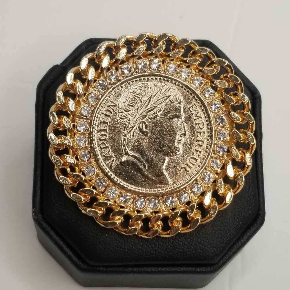 Vintage French EMPEREUR NAPOLEON Coin Disc Rhinestone Brooch Pin